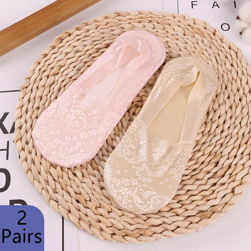 2 Pairs Women Girls Summer Socks Girl Lace Boat Socks Non-slip Silicone Cotton Sock Soft No Show Sock Slippers