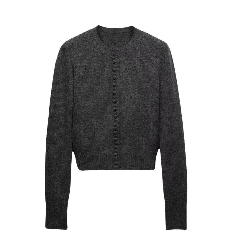 Women's Fashionable Multi-Button Cashmere Wool Knit Cardigan with Layered Crew Neck