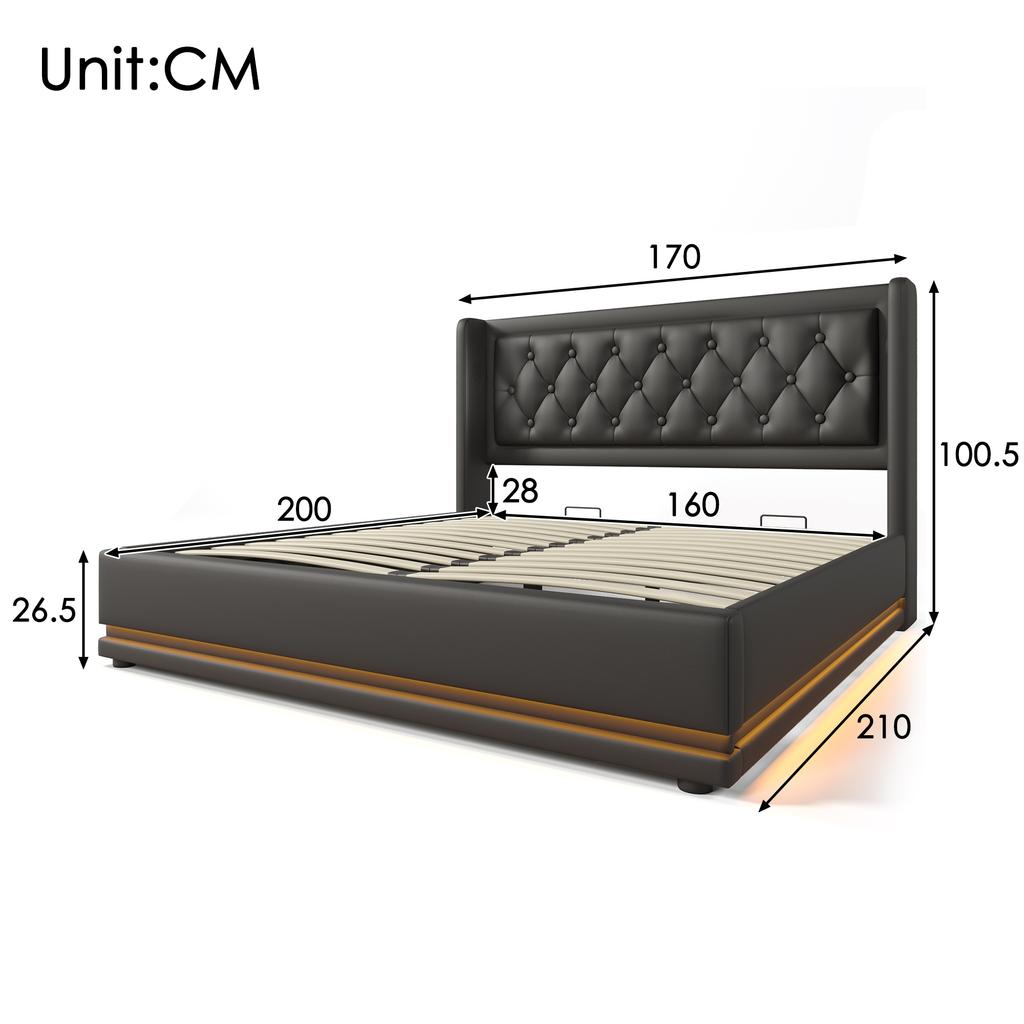 Upholstered double bed 160*200 cm, black PU hydraulic storage bed, headboard with USB Type-C charging, 3-sided LED (mattress not included)