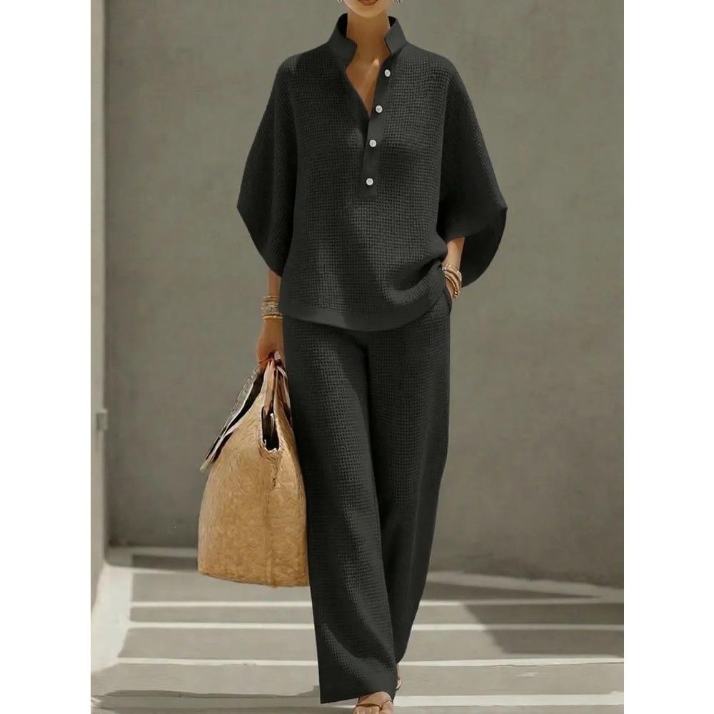 Women's Mandarin Collar Half Sleeve Button Up Shirt and Wide Leg Pants Casual Loungewear Set