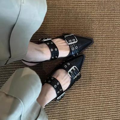 Cowhide Version~ Punk Hottie Fried Street Niche Single Shoes Women's Pointed Head Willow Nails Belt Buckle Versatile Casual Bag Head Sandals