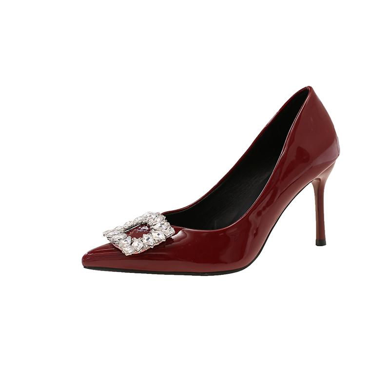 Fashion Pointed Toe Patent Leather Office Pumps Women Autumn Sexy High Heel Party Shoes Luxury Big Crystal Buckle Dress Pumps