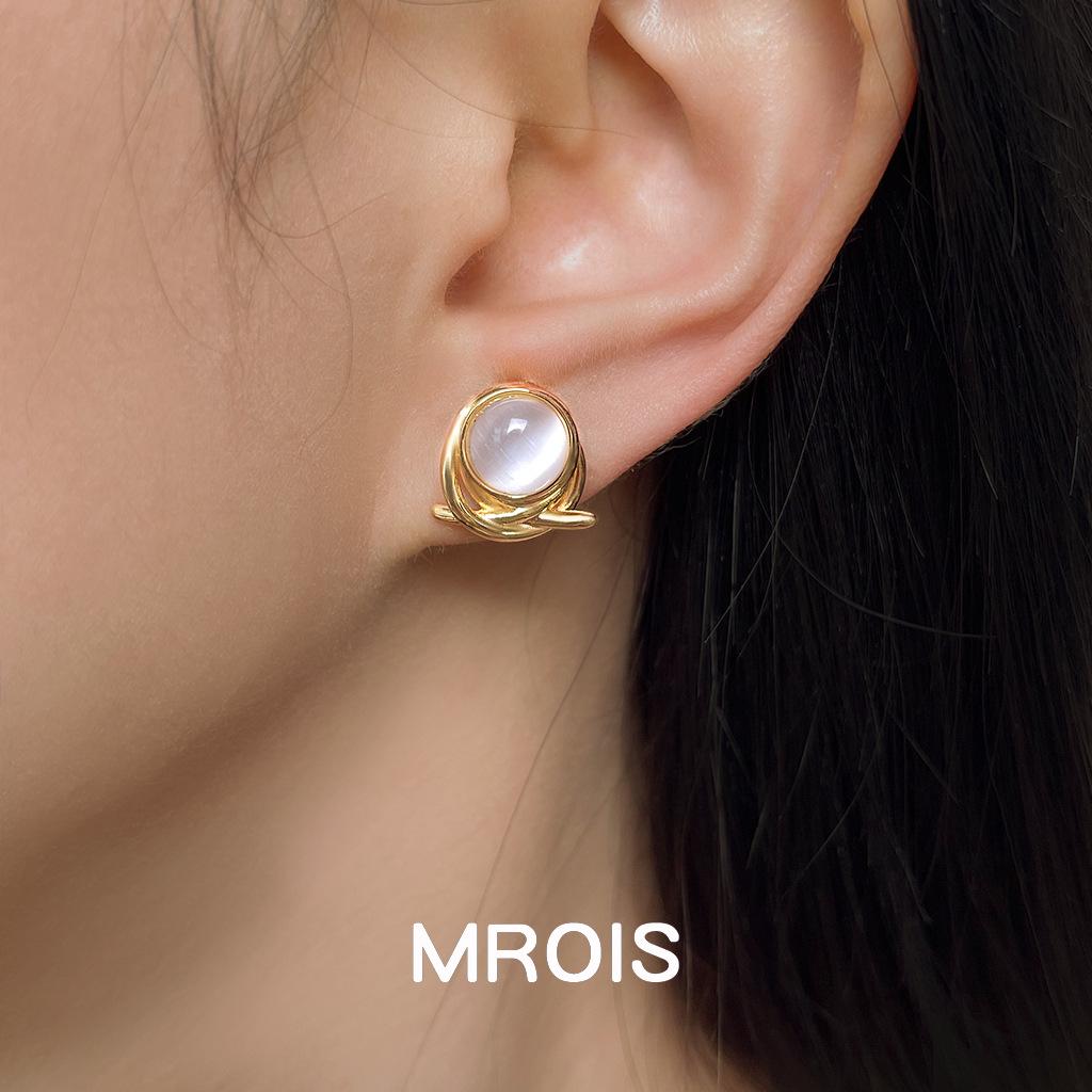 18k Gold Geometric Cat's Eye Stone Stud Earrings - French Light Luxury Style