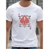 European Sizes Black and Red Heart Skull Poker Card Print | Casual Crew Neck T-shirt, Suitable for  Weekend Wear, Men'S Fashionable Clothing