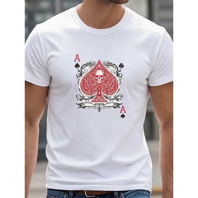European Sizes Black and Red Heart Skull Poker Card Print | Casual Crew Neck T-shirt, Suitable for Weekend Wear, Men'S Fashionable Clothing