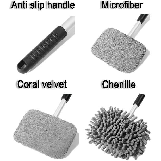 Car Windshield Cleaner Tool, Vehicle Window Cleaner With Extendable Handle & 3 Reusable And Washable Pads, Auto Glass Wash Brush Accessories,
