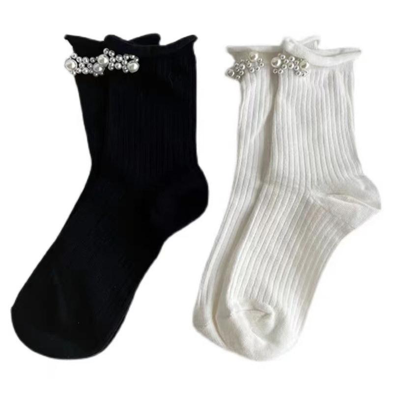 Pearls Crew Socks Sweet Roll Cuffs Ankle Dress Socks Japanese Cute Calf Socks