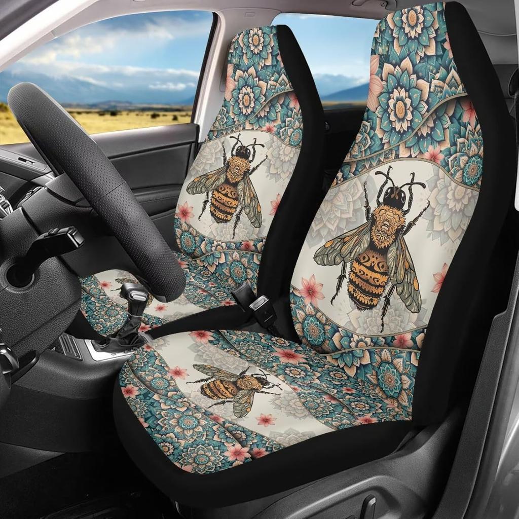 Bulopur Black Boho Floral Car Seat Covers Front Seats Only for Women Men Seat Covers w/Organizer Pocket for Cars SUV Truck Sedan