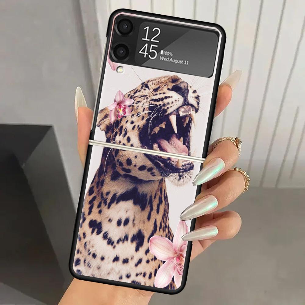 Pink Leopard Print Hard PC Phone Case For Samsung Galaxy Z Flip 7 6 5 4 3 Black ZFlip7 ZFlip6 Flip5 Flip4 Flip3 5G Print Cover