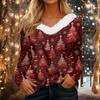 Women's Long Sleeve Christmas Print V-Neck Top with Plush Collar