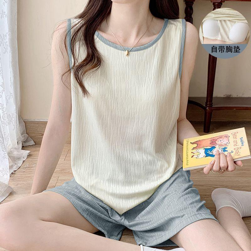 

2024 Summer Solid Color Sleeveless Vest Pajamas New Korean Style Home Clothing Set 3XL