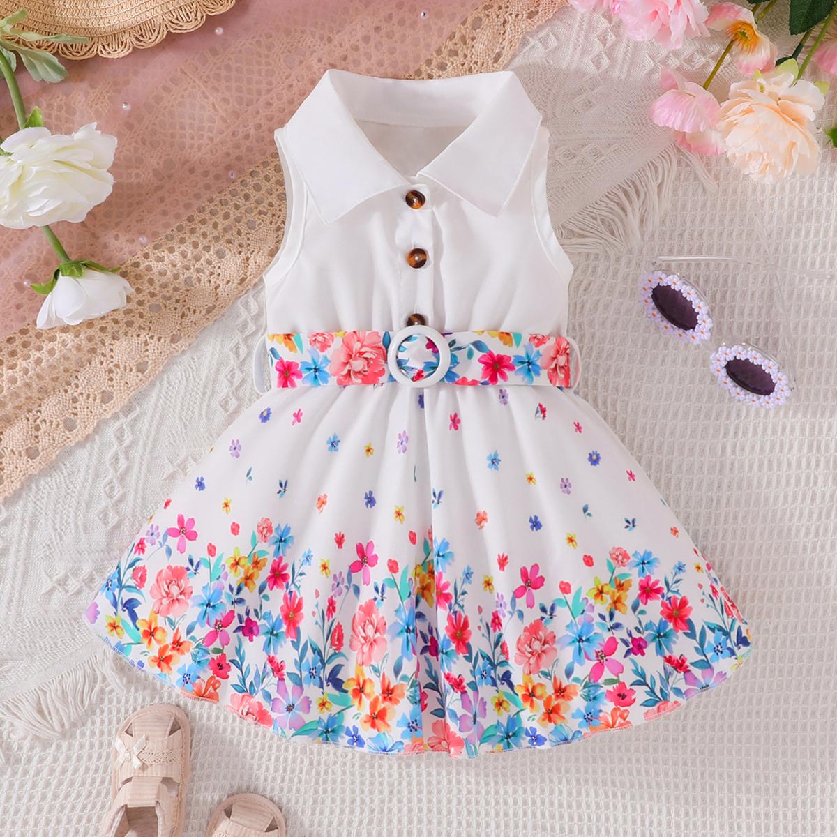 Baby Girls Floral Print Sleeveless Dress, Button-Down Style with Floral Waist Belt 3-6M белый