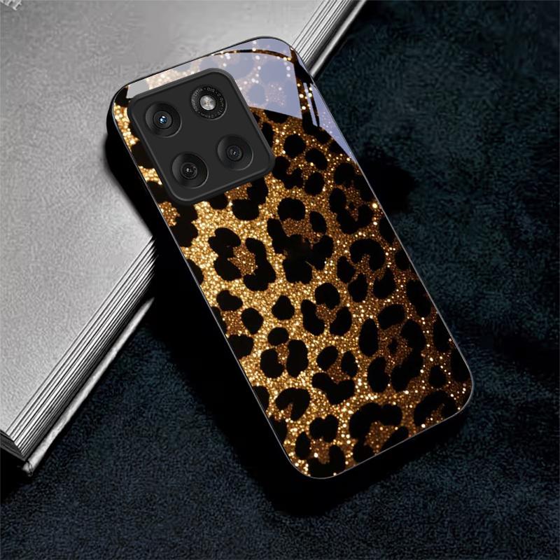 Gold Leopard Print Black Glass Phone Case For Motorola Moto Edge 70 60 Fusion 50 Ultra 40Neo 30 Pro 20Lite 60s 50 Neo Back Cover