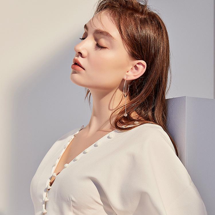 925 Silver Large Hoop Earrings for Women - Asymmetrical Chain Design, Trendy Long Ball Style, European & American Fashion