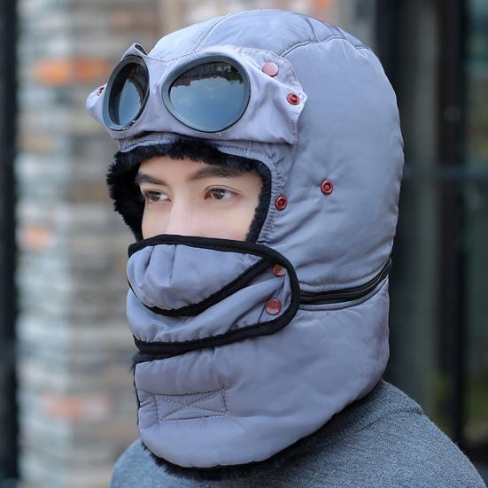 Lei Feng Hat Winter Thermal Hat with Goggles 3-in-1 Trapper Aviator Hat Face Guard Earmuffs Winter Snowmobiling Hiking Cold Weather Headgear