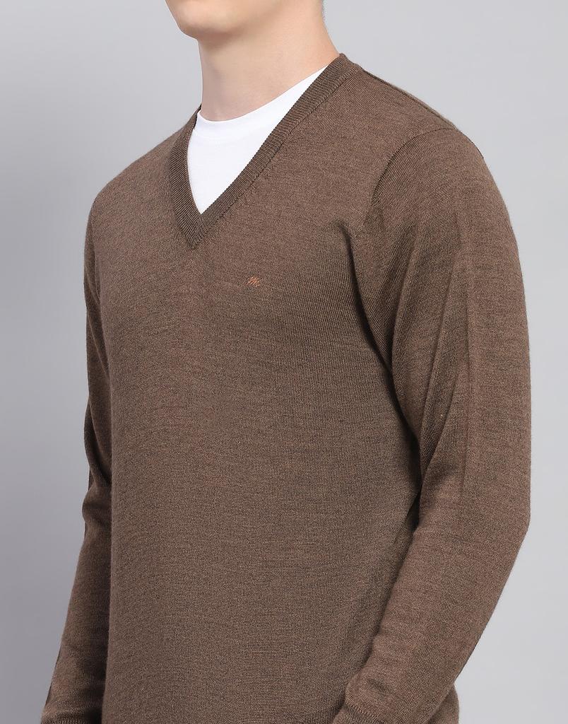 MONTE CARLO Mens Solid Brown V Neck Full Sleeve Pullover