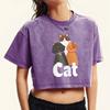 Three Cartoon Cats Print Washed Tee Shirt Women Crop Summer Casual Short Sleeve Cotton T-Shirt Comfortable T Shirts