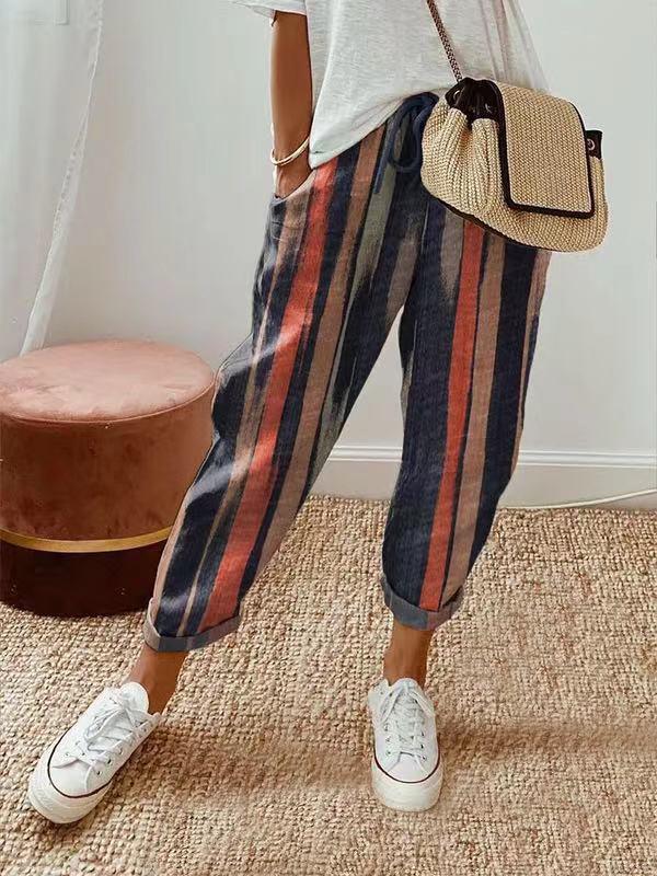2024 European & American Style Print Cotton Linen Casual Pocket Long Pants