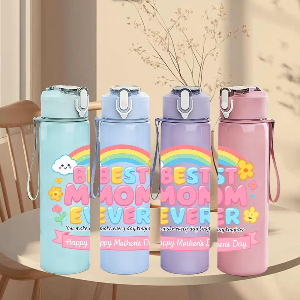 1PC Rainbow Dream Sweet Text Pattern 750ml Color Plastic Sports Water Bottle Leakproof Flip Straw Lid Suitable for Sports Office Home Use