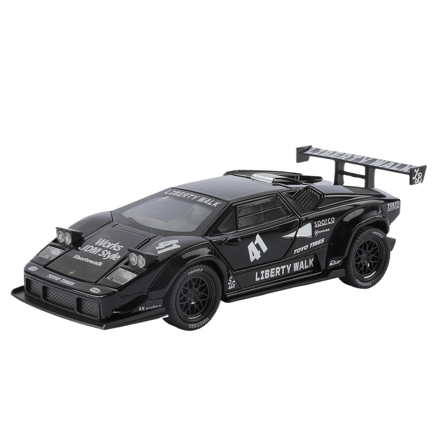 

Модель автомобиля Lamborghini Countach Liberty LBWK Масштаб 1/32 Металлическая игрушка на пружинном механизме со звуком и светом Подарок на День Рождения для Детей чёрный