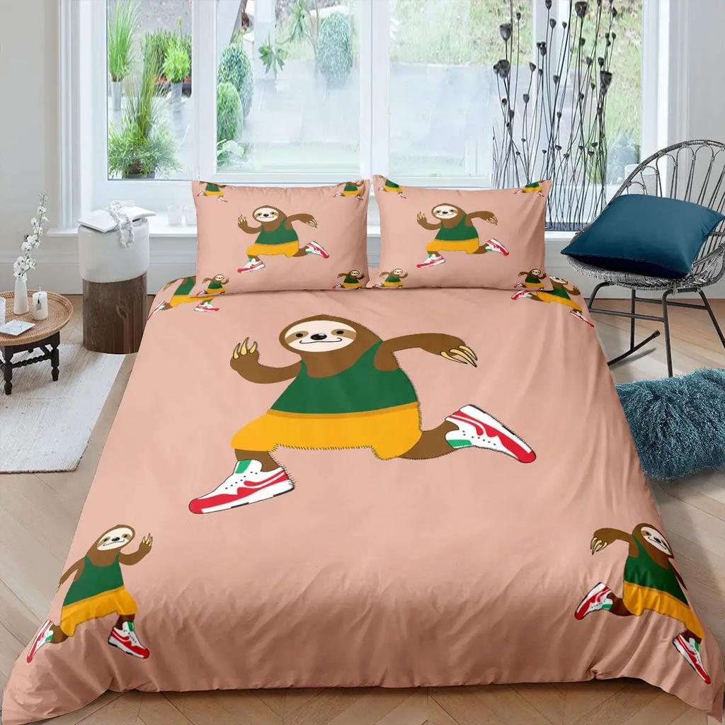 Cartoon Sloth King Queen Duvet Cover Kids Cute Animal Bedding Set Bathtub Decor Blue Comforter Cover Soft Polyester Quilt Cover