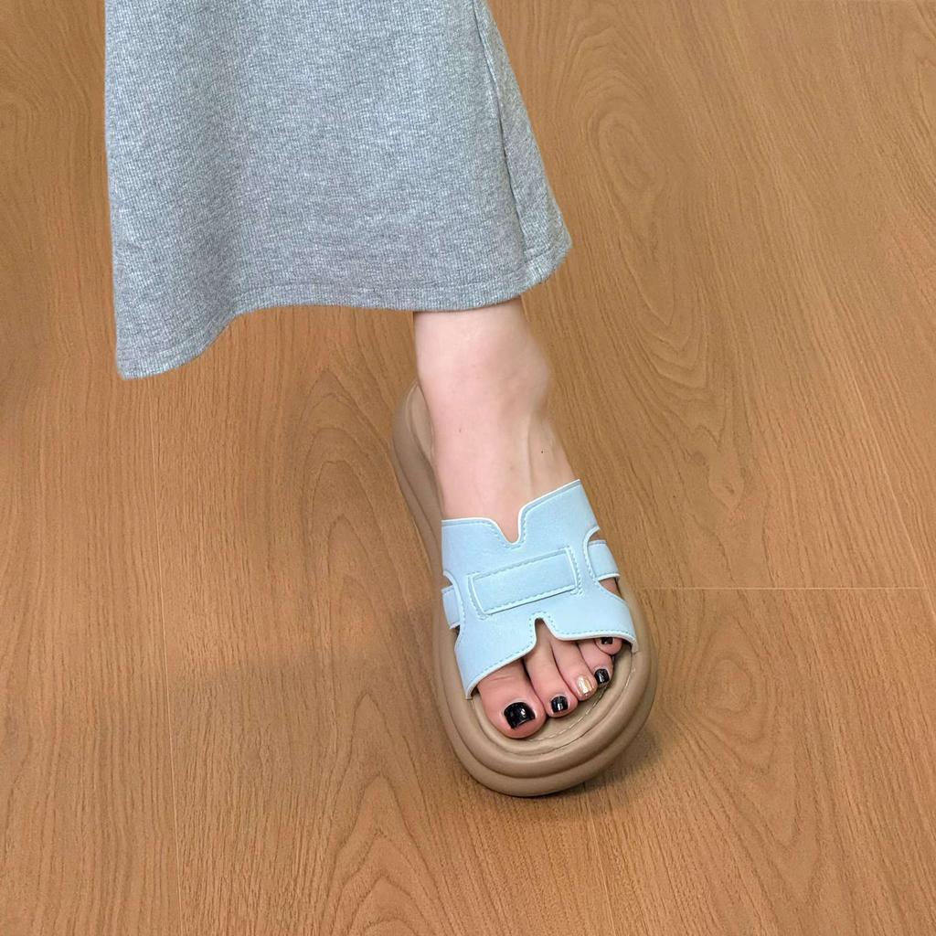 Summer champagne thick-bottomed one-word drag women's summer outer wear non-slip casual woven beach cool slippers