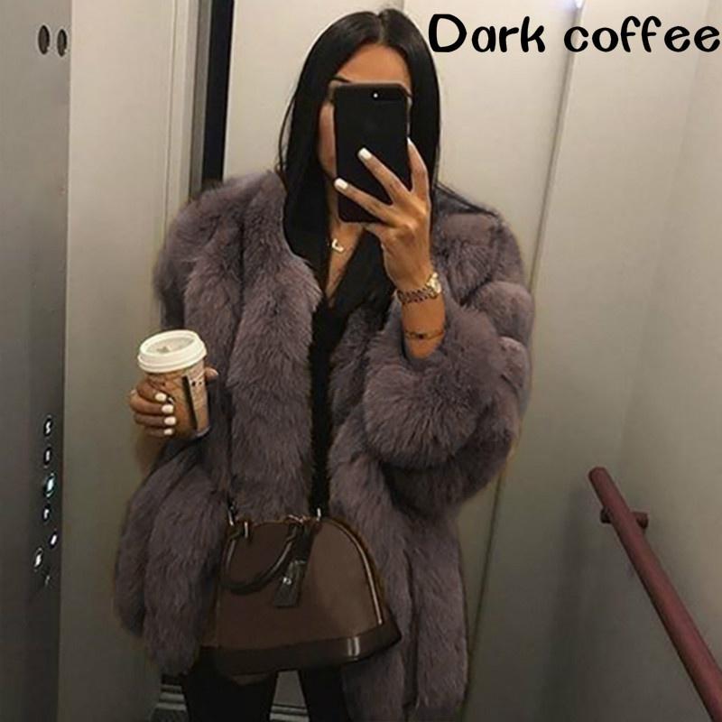Moda inverno mulheres manga longa outwear pele de raposa quente cor sólida casaco grosso
