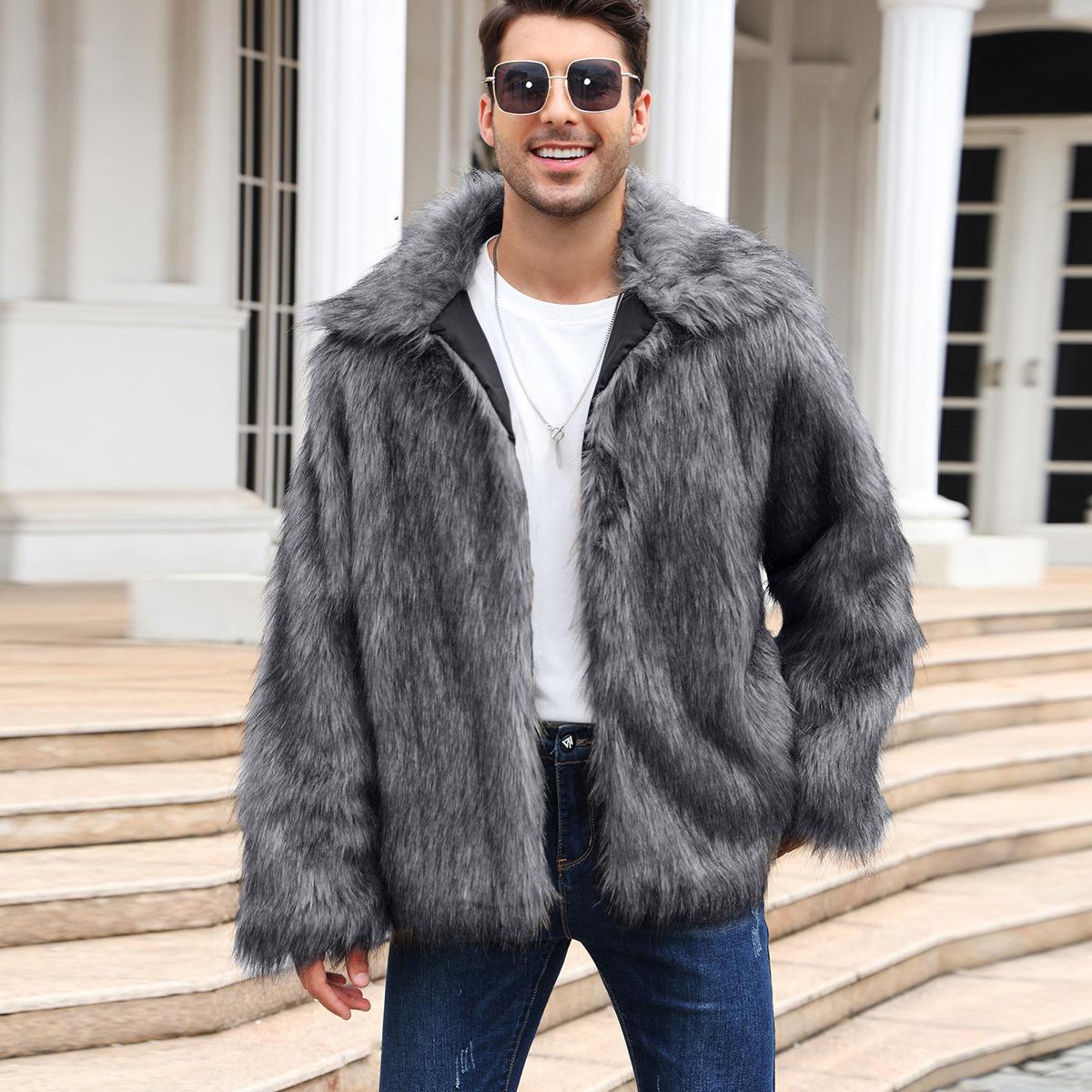 

Men Winter Fluffy Faux Fur Coat Men Mandarin Collar Fur Jacket Fox Fur Coats Plus Size Clothing S темно серый