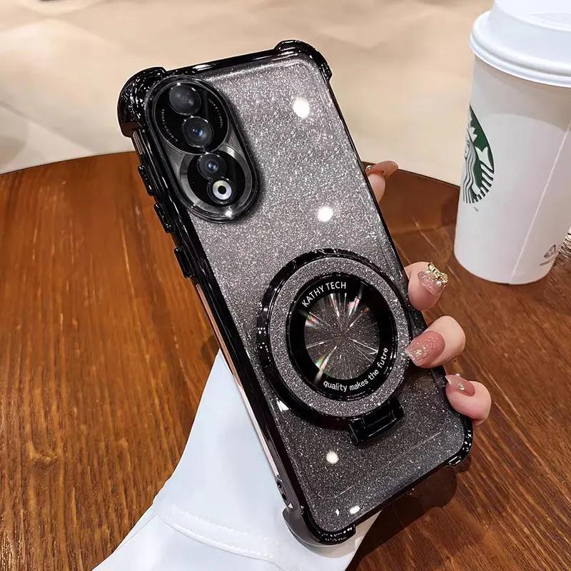 Honor90 5G Case Luxury Magnetic Bracket Shockproof Cover For Huawei Honor 90 70 50 80 100 200 Pro Case with Holder Shiny Glitter