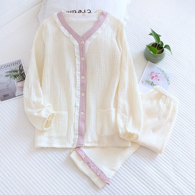 Spring and Autumn New Women's Pajamas Long-sleeved Trousers Two-piece Set 100%cotton Crepe V-neck Solid Color Fresh Homewear Set