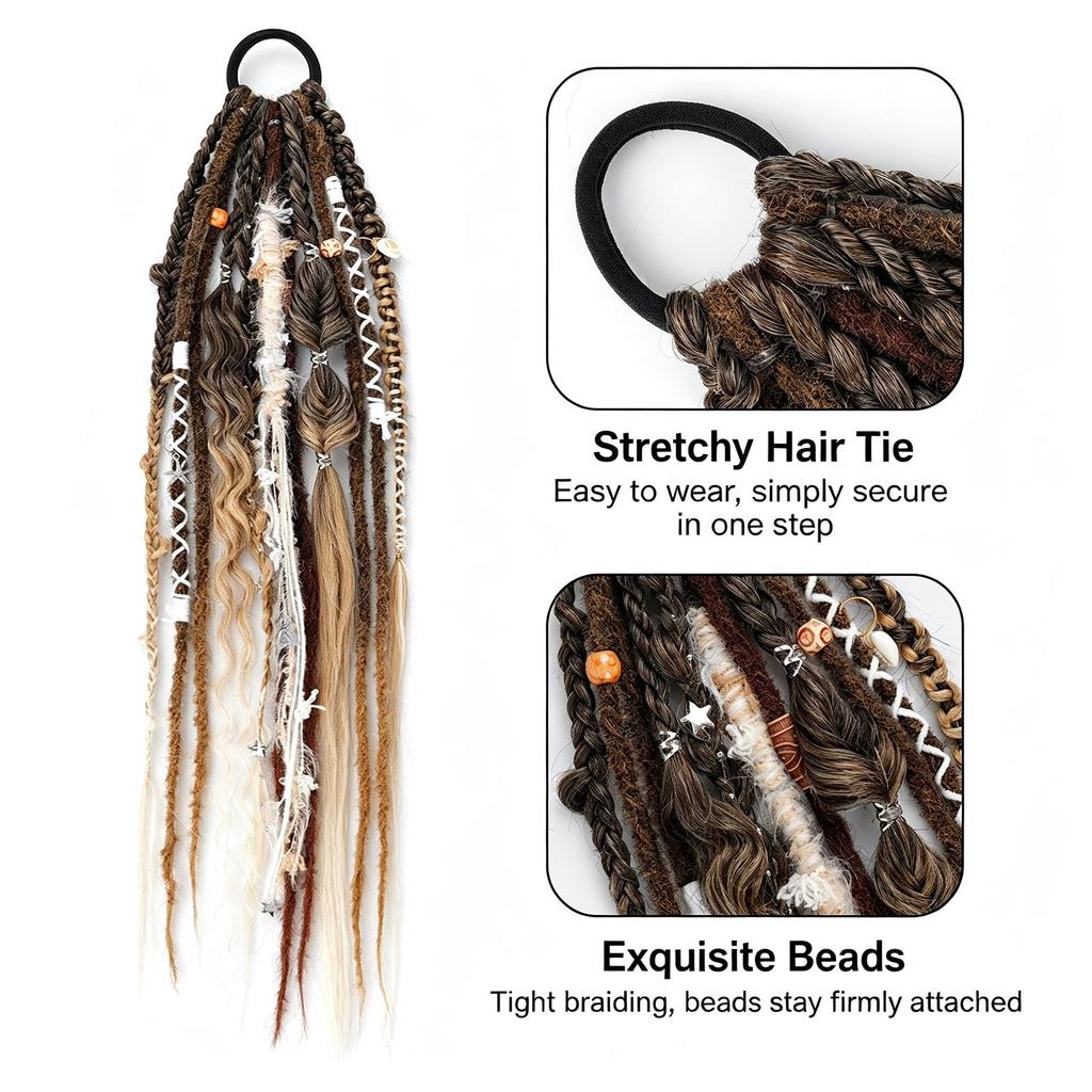 Bohemian Rastazopf-Pferdeschwanz-Haarverlängerungen, Synthetisches Geflochtenes Box Braid Haargummi-Pferdeschwanz für Damen Party Cosplay