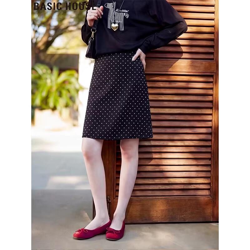 Basic House Black Polka Dot A-Line Skirt L