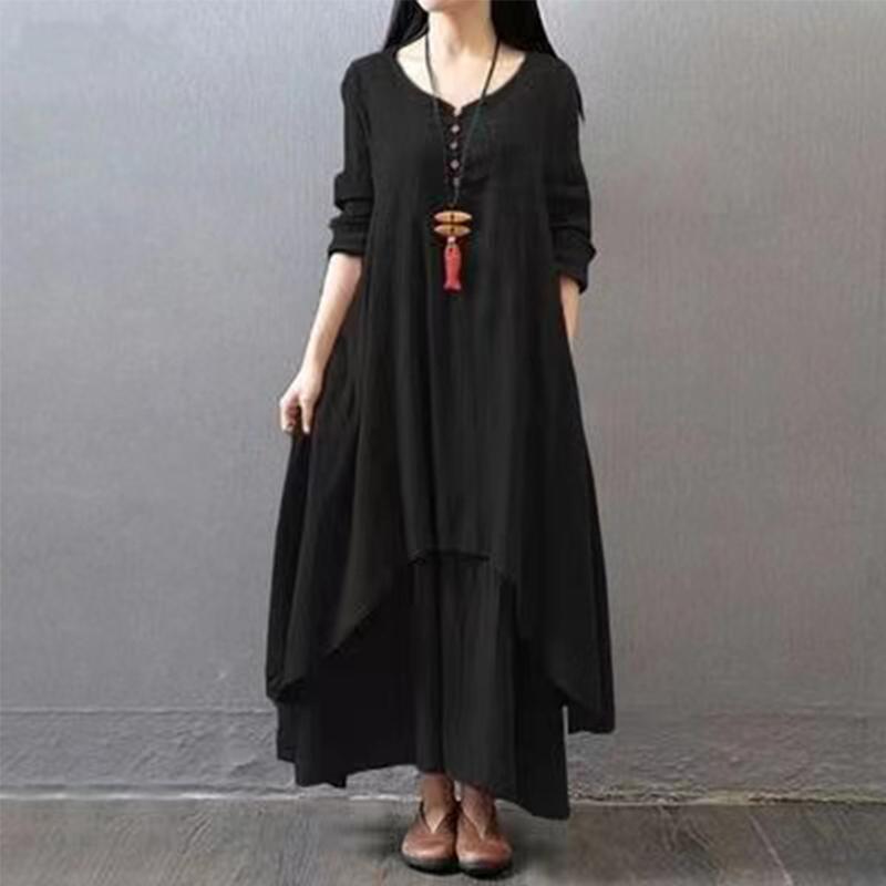 

New Long Sleeve Loose Casual Dress Art Skirt Linen Dress L чёрный