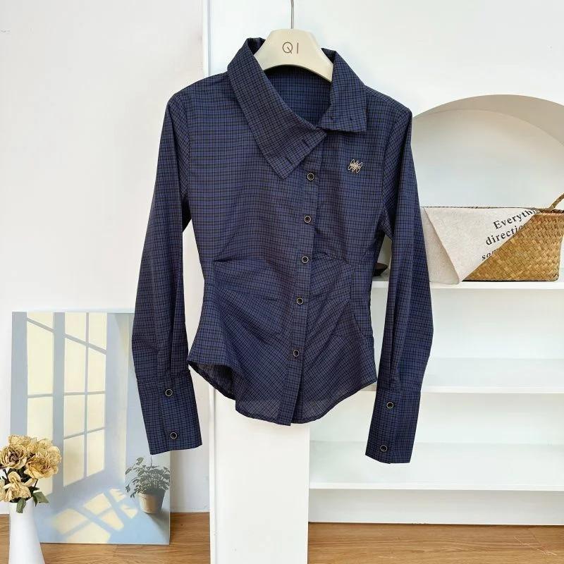 

2025 Autumn New Slim Fit Versatile Top American Retro Lapel Plaid Pinch Waist Long-sleeved Shirt for Women S темно-синього кольору