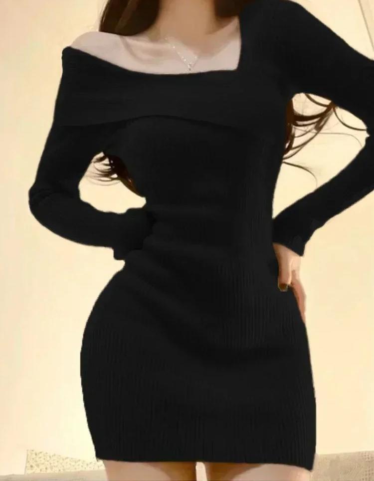 Korean Style Mini Knitted One-piece Dress Women Long Sleeve Tunic Cabaret Dresses Khaki Winter Spring Clothes