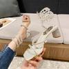 Summer Women's Sandals Luxury Club Square Toe Pendant Rhinestone Snake Pattern White Heel Sandals Wedding Party Shoes