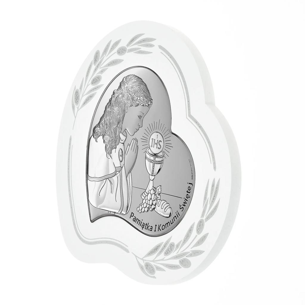 Silver Picture for a Girl, a Souvenir for Communion from Godmother, Heart 6746, 11 X 10
