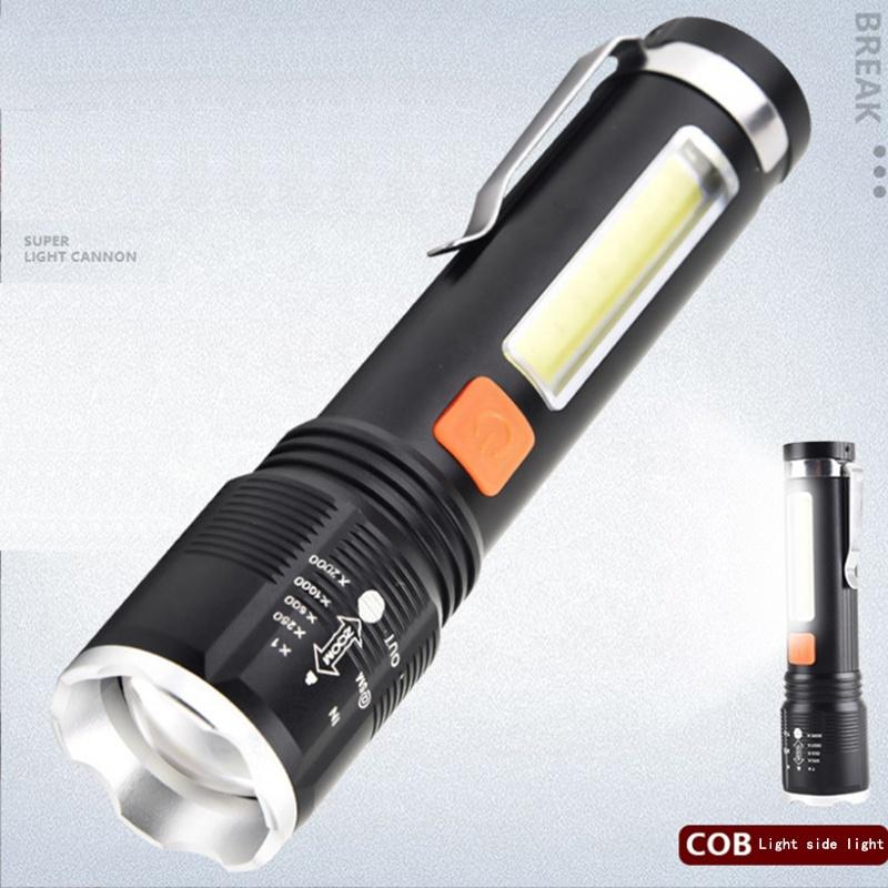 Super Bright Flashlight 4 Modes Zoomable With Cob Side Floodlight XH-P50 Led Mini Cob Spotlight Rechargeable Flashlight
