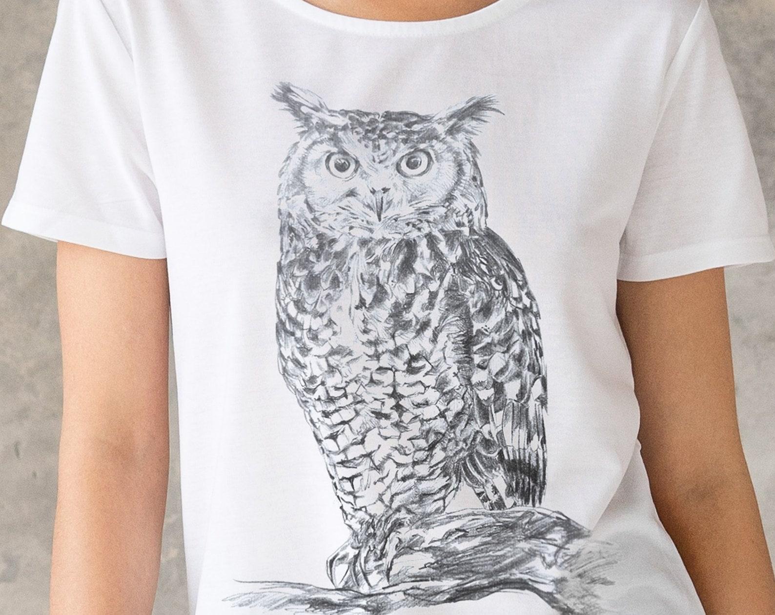Owl T-Shirt, Artist Pencil Sketch, Animal Graphic Tee XL