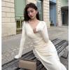 2026 Autumn/Winter Elegant V-Neck Long Sleeve Pleated Waist Split Skirt Dress for Women