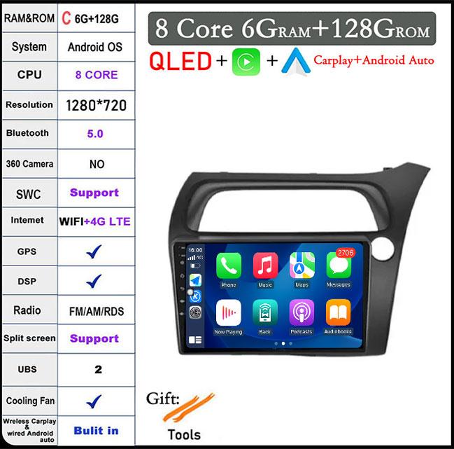 9 Lnch Android 14 For Honda Civic Hatchback 2006-2011 Car Radio Player Video Multimedia Carplay IPS DPS Navigation DSP Screen