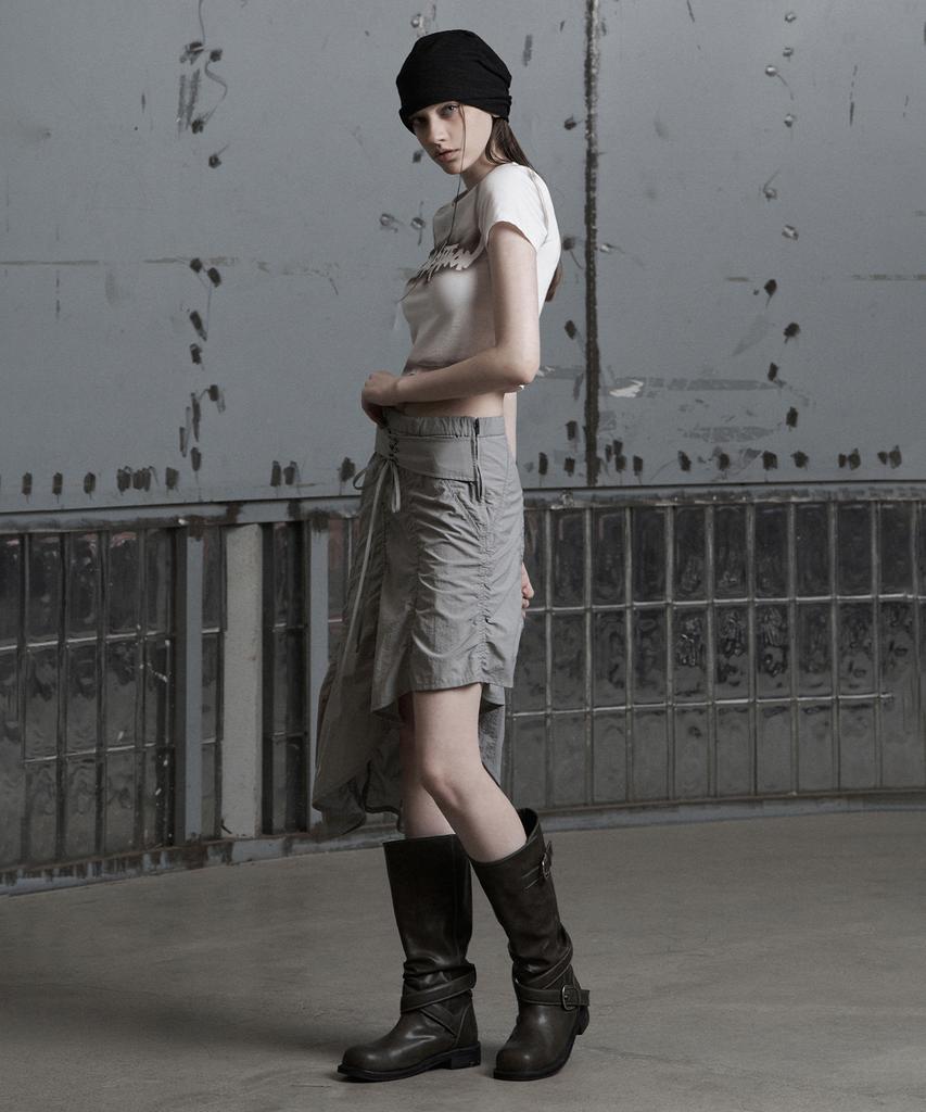 Jenyujeu Lace-Up Asymmetrical Wave Puckering Skirt - Light Gray