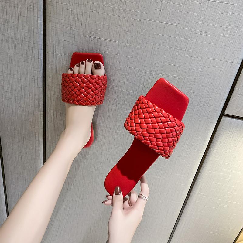 Women's Summer Clip On Flat Bottomed Slippers Casual Square Head Knitted Strap Beach Sandals Shoes 35-42