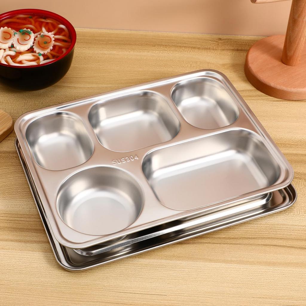 BESTOYARD Stainless Steel Lunch Plate, Divided Plate, Food Tray, Stylish Divided Plate, 5 Compartments (with Lid), Perfect for Camping and BBQ