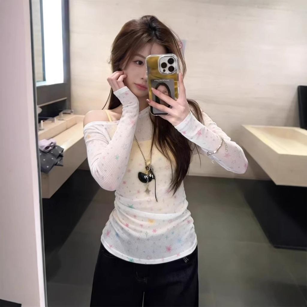 American Spice Girl One-word Shoulder Long-sleeved Blouse Sunscreen T-shirt Women's Spring Niche Slim and Thin Casual Top Ins Tide