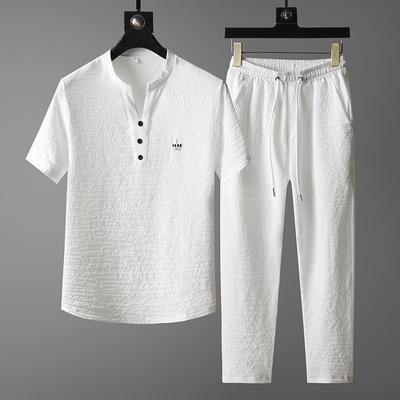 Summer Thin Ice Silk Men's Casual T-shirt Short Sleeves Cropped Pants 2-piece Set