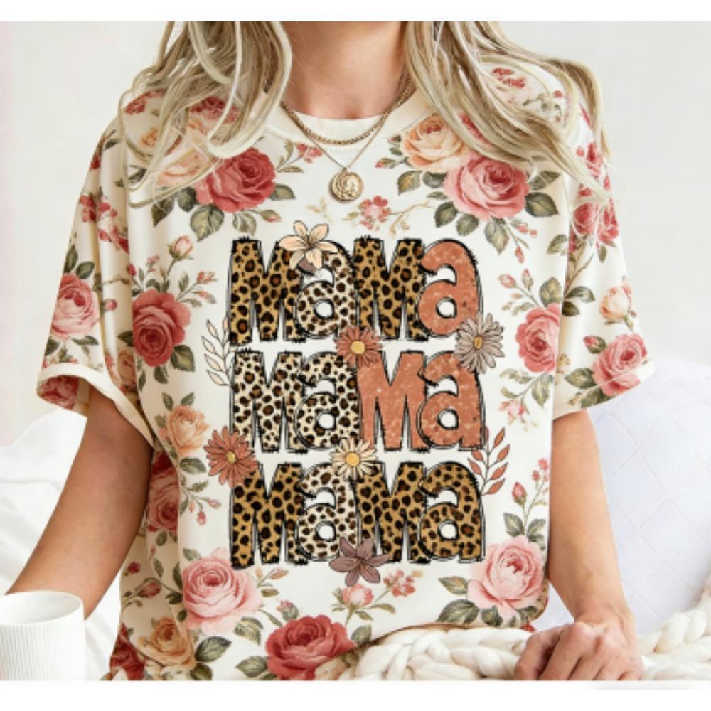 Fashion Funny Flower Leopard Mama Letter Print Women's Short Sleeves T-Shirt Loose Casual Summer Outdoor Street Women's Tees Tops