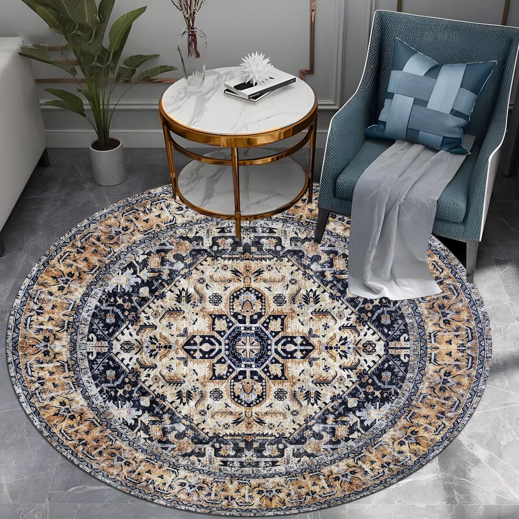 Round Classic Floral Carpet - Symmetrical  Motif In Cream/Deep Blue, Timeless Elegant Rug for Living Room, Handcrafted Decor
