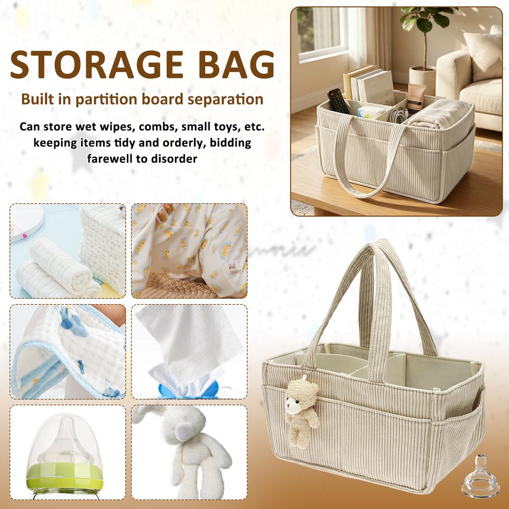 Reise Tragbare Mommy Bag Faltbare Baby Windel Caddy Organizer mit Griff und Bären Anhänger Corduroy Neugeborenen Windel Aufbewahrungskorb