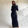 Uzun Kollu Kapşonlu Patchwork Sıska Maxi Elbise Sonbahar Kış Kadın Moda Sokak Şıklığı Rahat Kıyafetler
